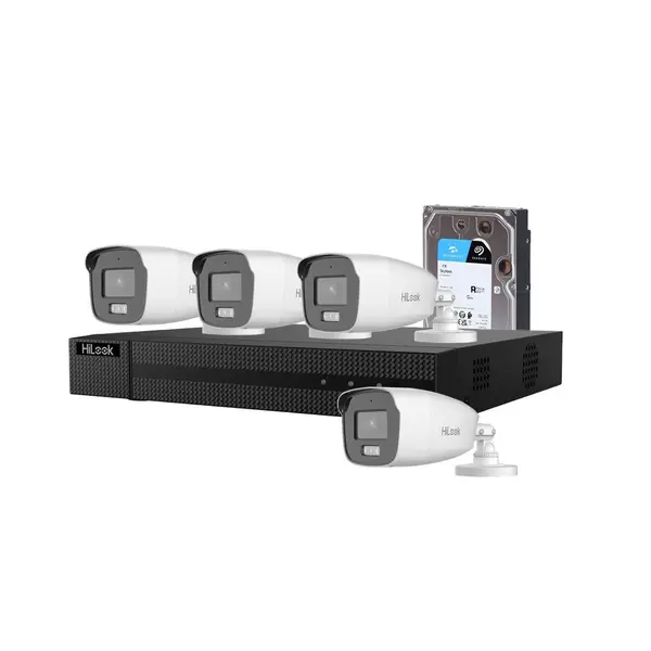 Sistem supraveghere exterior cu HDD 1 TB HikVision HiLook, 4 camere, 2 MP, 2.8 mm, IR/lumina alba 40 m, microfon