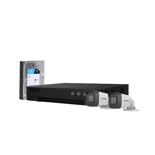 Sistem supraveghere exterior cu HDD 1TB HikVision, 2 camere, 5 MP, IR 20 m, 2.8 mm