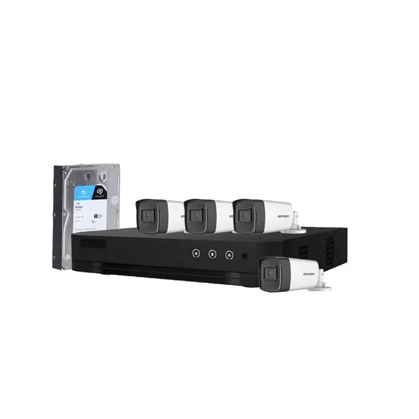 Sistem supraveghere exterior cu HDD 1TB HikVision, 4 camere, 5 MP, IR 40 m, 2.8 mm, microfon