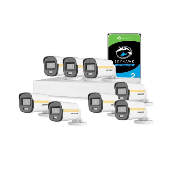 Sistem supraveghere exterior cu HDD 2 TB HikVision, 8 camere, 2 MP, 2.8 mm, IR/Lumina alba 30/20 m, PoC, microfon