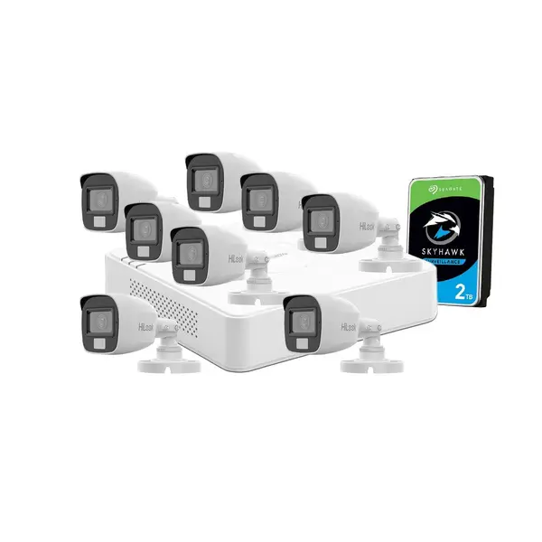 Sistem supraveghere exterior cu HDD 2 TB HikVision HiLook, 8 camere, 2 MP, 2.8 mm, IR/lumina alba 20 m, microfon