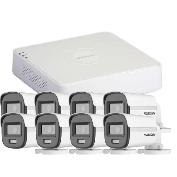 Sistem supraveghere exterior Hikvision ColorVu Hybrid Light KIT-HK-8EXT2MP20IRLA, 2 MP, 2.8 mm, IR/lumina alba 20 m, microfon