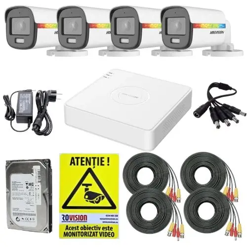Sistem supraveghere Hikvision, 4 camere ColorVu 2MP Lumina Alba 20m Audio, DVR 4 canale 2MP Audio, Accesorii, HDD 500GB, Autocolant Rovision