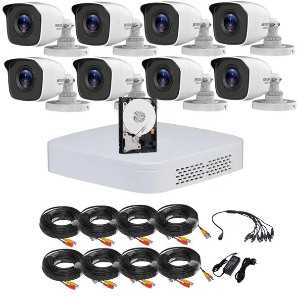 Sistem supraveghere Hikvision HiWatch, Functii inteligente, 8 camere, 5MP, IR 20m, DVR 8 canale, Accesorii montaj incluse, HDD 1TB