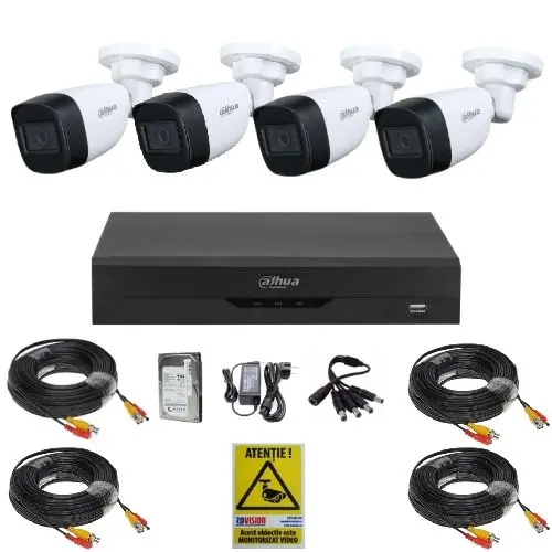 Sistem supraveghere inteligent Dahua, 4 camere 2MP Full HD, Vizualizare pe timp de noapte 30m, De exterior, DVR 4 canale, HDD 500GB, Accesorii montaj
