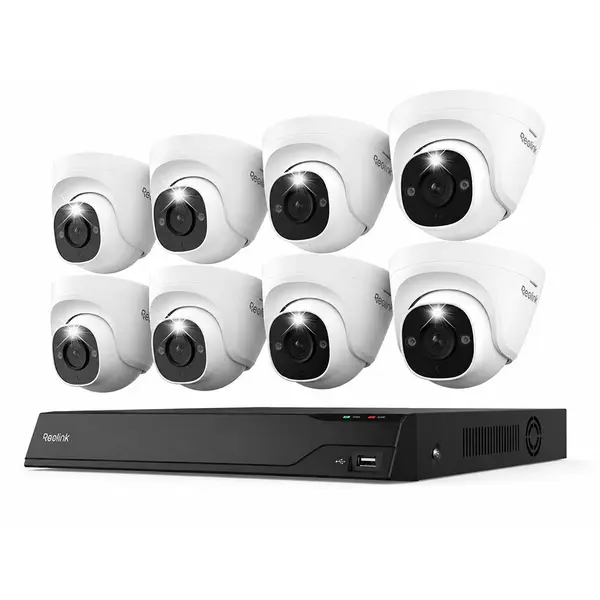 Sistem supraveghere IP Dome Reolink Color Night Vision NVS16-12MD8, 8 camere, 12 MP, IR / lumina alba 30 m, 4 mm, microfon si difuzor, detectie om/vehicul/animal, PoE, HDD 4 TB inclus