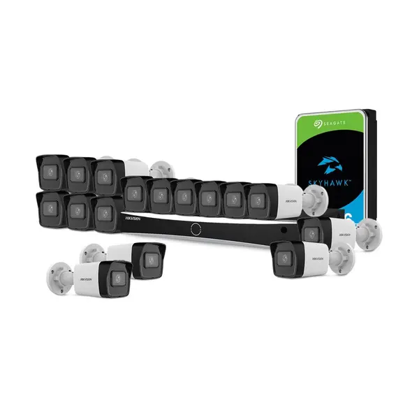 Sistem supraveghere IP exterior complet HikVision KIT-HIK-C16EXT4MP-30M-A-POE, 8 camere, 4 MP, 2.8 mm, IR 30 m, PoE, HDD 6TB