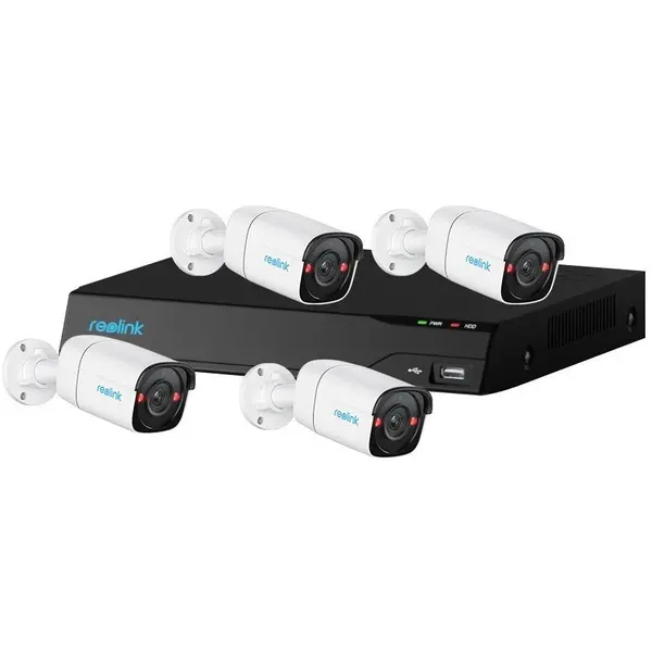 Sistem supraveghere IP exterior Reolink NVS8-5MB4, 4 camere, 5 MP, IR 30 m, 2.8 mm, microfon si difuzor, detectie om/vehicul, HDD 2 TB