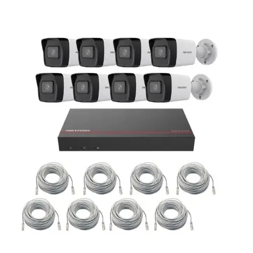 Sistem supraveghere IP Hikvision, 8 x camere IP 4 MP, IR 30m, PoE, 8 x cabluri, NVR, SSD 1 TB, Vizualizare imagini de pe mobil