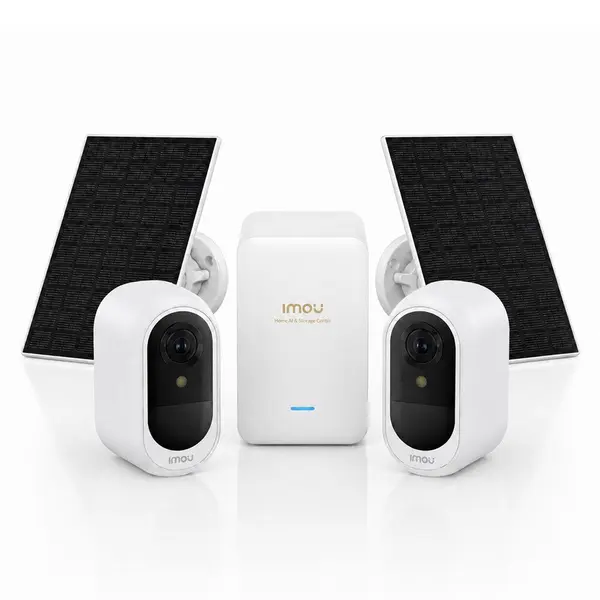 Sistem supraveghere IP WiFi 6 cu panou solar Imou Full Color AOV AIR 2, 2 camere, 5MP, slot card, microfon/difuzor, IR/lumina alba 15m, 5000mAh, detectie om/vehicul, sirena