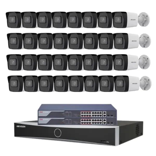 Sistem supraveghere profesional Hikvision, 32 camere, 4MP 2K, IR 30m, NVR 32 canale, Switch PoE, Vizualizare pe mobil, Functii inteligente