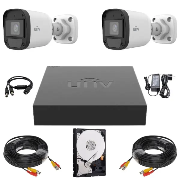 Sistem supraveghere Uniview, 2 camere, 2MP Full HD, Microfon, Infrarosu 20m, DVR, Accesorii montaj incluse