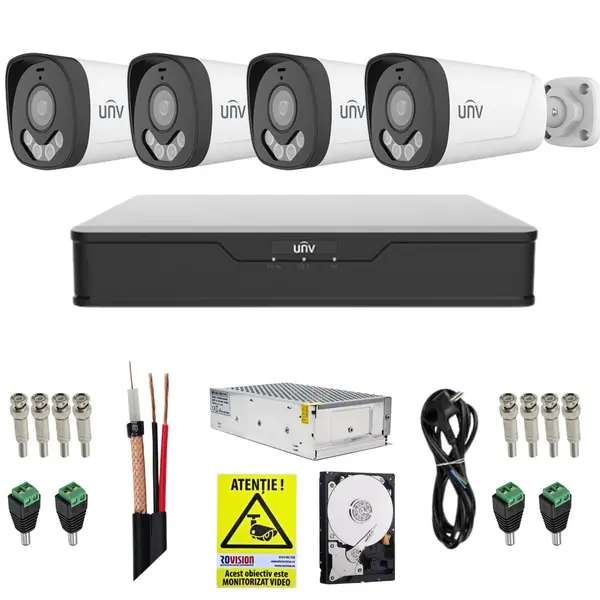 Sistem supraveghere Uniview, 4 camere ColorHunter, 5MP, Dual Light 40m, Microfon, XVR 4 canale, 5MP, Accesorii, HDD 1TB, Autocolant Rovision