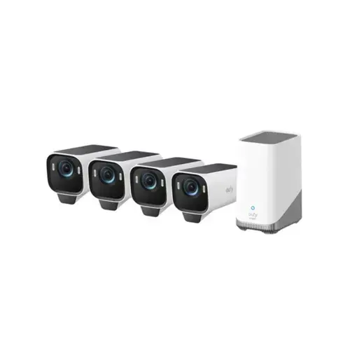 Sistem supraveghere video Wireless Eufy S3 Pro T88943W1, 4K, BionicMind™, MaxColor Vision, Panou Solar integrat, Homebase 3 + 4 camere video (Alb/Gri)