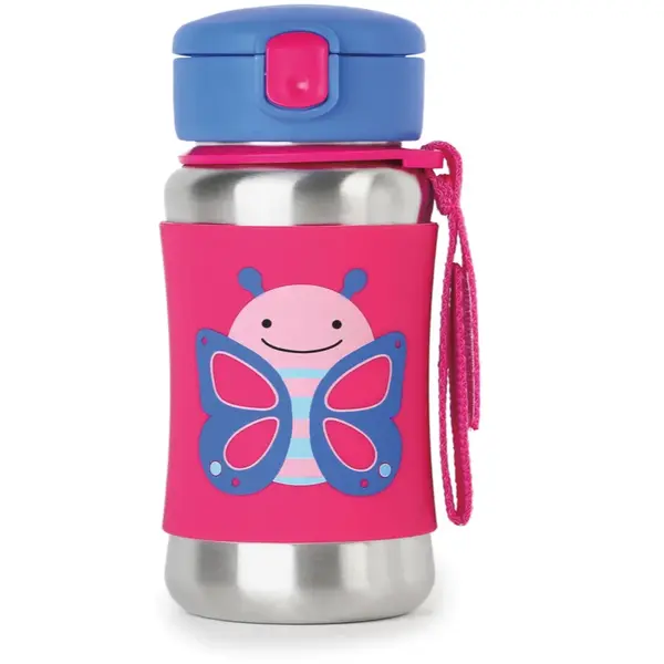 Skip Hop Zoo Straw Bottle sticlă inoxidabilă pentru apă cu pai Butterfly 12 m+ 350 ml