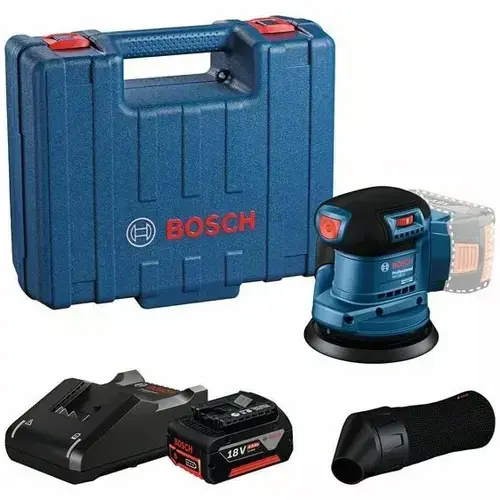 Slefuitor cu excentric pe acumulator Bosch Professional GEX 185-LI, 18 V, 125 mm diametru disc, 10.000 RPM, 20.000 vibratii/min, sac colector praf, acumulator 4 Ah, incarcator rapid, valiza transport