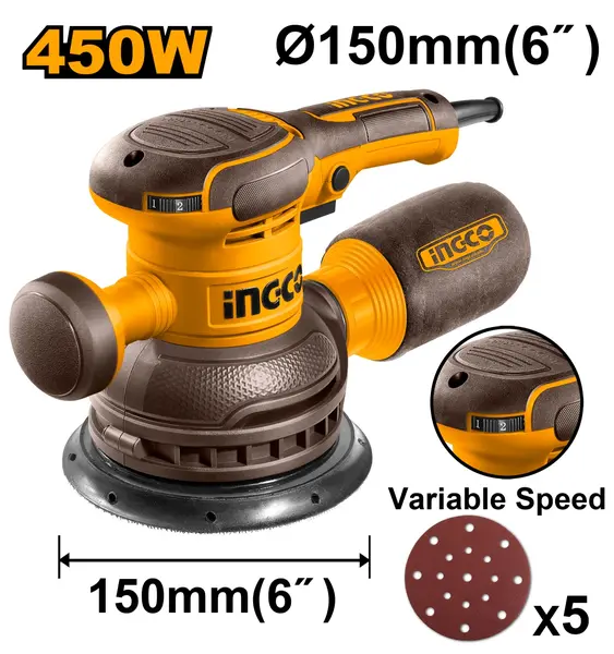 Slefuitor Rotativ INGCO RS4516 450W, Taler 150mm, Turatie Variabila 6000-12000rpm, Prindere Velcro pentru Lemn, Metal si Plastic