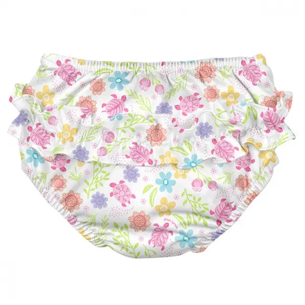 Slip fete SPF 50+ refolosibil cu capse si volanase Green Sprouts by iPlay White Turtle Floral 3T
