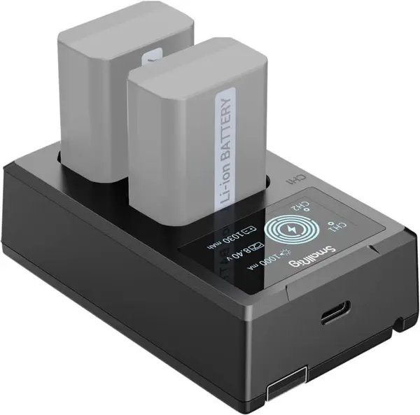 SmallRig 4081 Incarcator Dublu pentru Baterii Sony NP-FW50, Ecran LCD, Cablu USB-A Integrat si Port USB-C, Negru