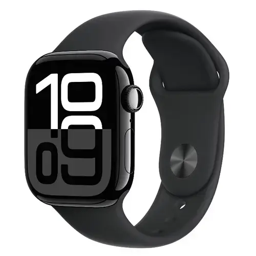 Smartwatch Apple Watch 10 GPS, Carcasa Jet Black Aluminium 42mm, ecran LTPO OLED, 64GB, curea silicon Black Sport Band M/L (Negru)