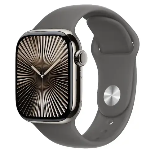 Smartwatch Apple Watch 10 GPS Cellular, Carcasa Natural Titanium 42mm, ecran LTPO OLED, 64GB, curea silicon Stone Grey Sport Band - S/M (Gri)