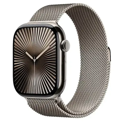 Smartwatch Apple Watch 10 GPS Cellular, Carcasa Natural Titanium 46mm, ecran LTPO OLED, 64GB, curea inox Natural Milanese Loop - S/M