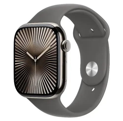 Smartwatch Apple Watch 10 GPS Cellular, Carcasa Natural Titanium 46mm, ecran LTPO OLED, 64GB, curea silicon Stone Grey Sport Band - M/L (Gri)