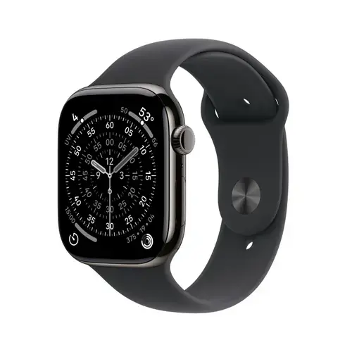 Smartwatch Apple Watch 11, GPS + Cellular, 42mm, Ecran Retina LTPO OLED, Chip S10 cu Procesor Dual-Core, 64GB Flash, Wi-Fi, Bluetooth, Carcasa Titan, Curea Sport Band S/M (Negru)