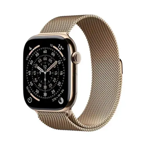 Smartwatch Apple Watch 11, GPS + Cellular, 42mm, Ecran Retina LTPO OLED, Chip S10 cu Procesor Dual-Core, 64GB Flash, Wi-Fi, Bluetooth, Carcasa Titan, Curea Milanese Loop (Auriu)