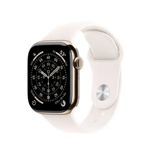 Smartwatch Apple Watch 11, GPS + Cellular, 42mm, Ecran Retina LTPO OLED, Chip S10 cu Procesor Dual-Core, 64GB Flash, Wi-Fi, Bluetooth, Carcasa Titan, Curea Sport Band M/L (Auriu)