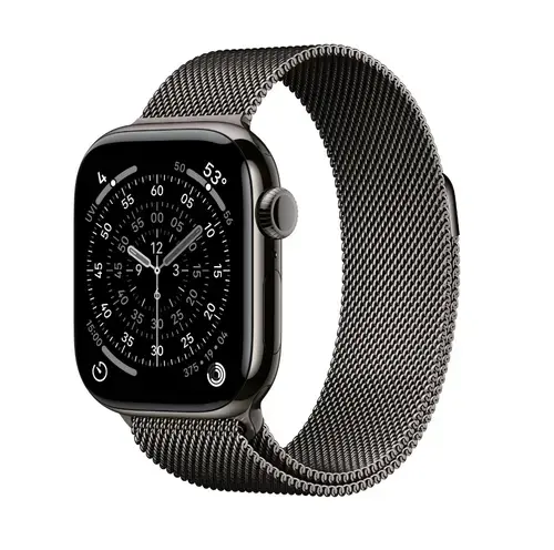 Smartwatch Apple Watch 11, GPS + Cellular, 46mm, Ecran Retina LTPO OLED, Chip S10 cu Procesor Dual-Core, 64GB Flash, Wi-Fi, Bluetooth, Carcasa Titan, Curea Milanese Loop S/M (Gri)