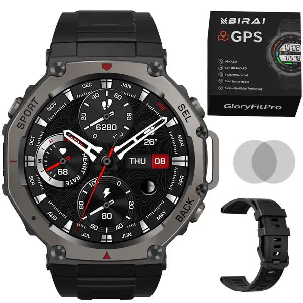 Smartwatch Bărbați GloryFitPro BIRAI®, AMOLED 1.43", GPS, Apel Bluetooth, Rezistent 5ATM, Negru
