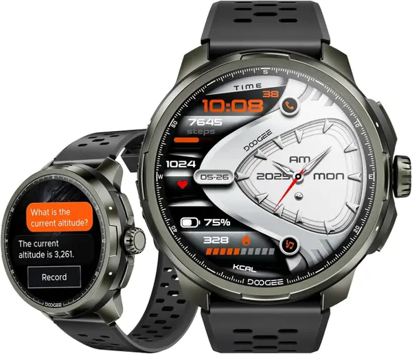 Smartwatch DOOGEE Anymoving M1, Gri, Ecran AMOLED 1.83 , GPS Integrat, Bluetooth, 256MB Memorie, Baterie 730mAh, Rezistenta 5ATM (50m), Monitorizare Sanatate