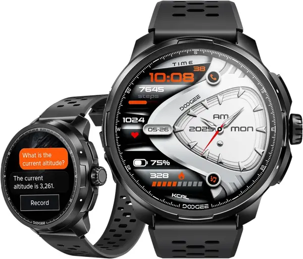 Smartwatch DOOGEE Anymoving M1, Negru, Ecran AMOLED 1.83 , GPS Integrat, Bluetooth, 256MB Memorie, Baterie 730mAh, Rezistenta 5ATM (50m), Monitorizare Sanatate