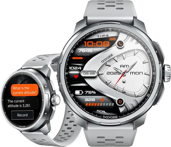 Smartwatch DOOGEE Anymoving M1, Silver, Ecran AMOLED 1.83 , GPS Integrat, Bluetooth, 256MB Memorie, Baterie 730mAh, Rezistenta 5ATM (50m), Monitorizare Sanatate