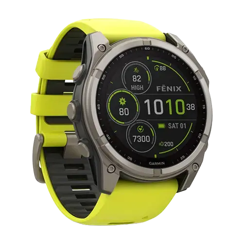 Smartwatch Garmin Fenix 8 Solar, 51mm, Ecran MIP Power Sapphire 1.4inch, Wi-Fi, GPS, 32GB Flash, Silicone Band, 10 ATM (Galben/Gri)