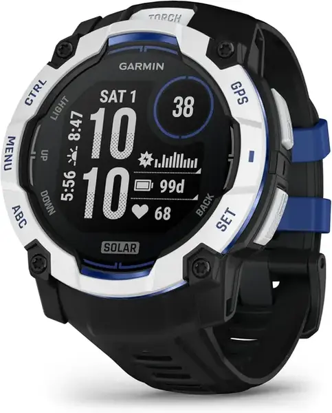 Smartwatch Garmin Instinct 3 Solar, GPS, 50mm, Ecran 1.1inch, Bluetooth, ANT+, Android/iOS, 10 ATM, Curea Silicon Negru/Albastru (Alb)