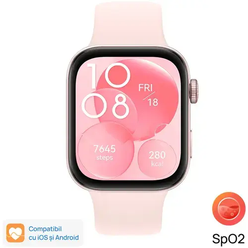 Smartwatch Huawei Watch Fit 3, Bluetooth, GPS, Ecran AMOLED 1.82inch, 100+ Moduri Sport, Monitorizare somn, ritm cardiac, Waterproof 5 ATM (Roz)