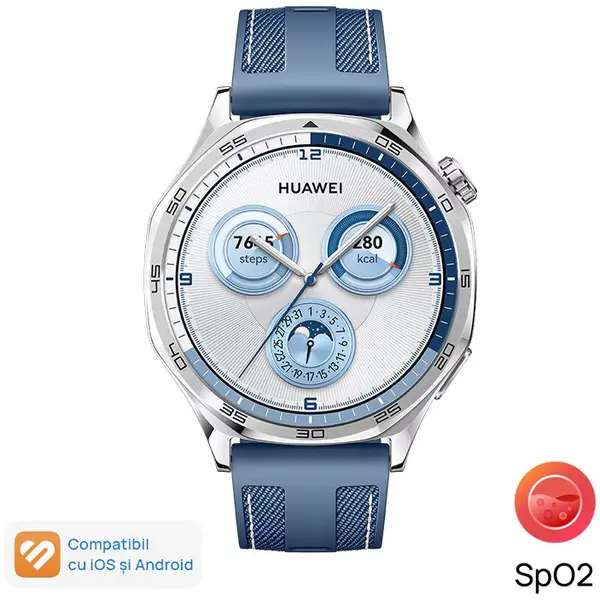 Smartwatch Huawei Watch GT 5, 46MM, Tarnish Stainless Steel Case, Blue Woven Strap
