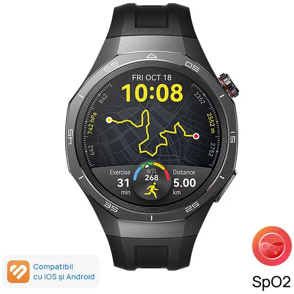 Smartwatch Huawei Watch GT 5 Pro, 46MM, Tarnish Titanium Case, Black Fluoroelastomer Strap