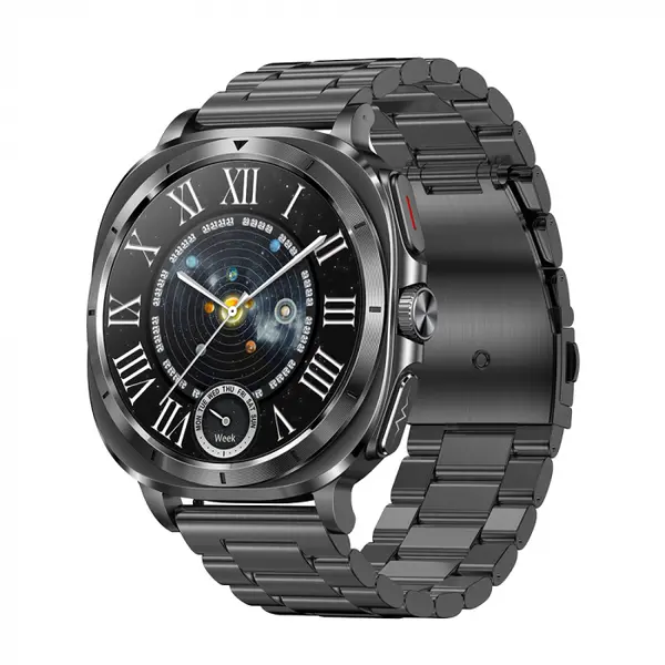 Smartwatch iSEN ET492, Curea de otel negru, 1.43 AMOLED HD, HRV, ECG, Monitorizare sanatate, Functii sport, Bluetooth Call, 380 mAh, Android 5.0 or iOS 10.0 sau mai recent, NFC pentru lacate