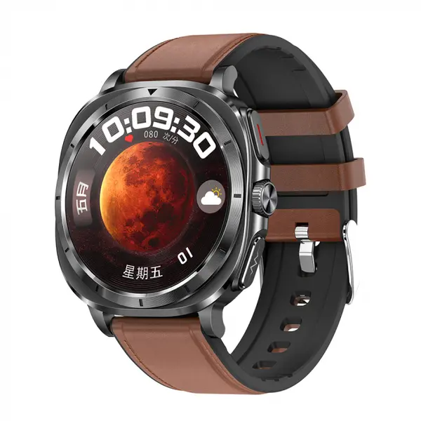 Smartwatch iSEN ET492, Curea piele maro, 1.43 AMOLED HD, HRV, ECG, Monitorizare sanatate, Functii sport, Bluetooth Call, 380 mAh, Android 5.0 or iOS 10.0 sau mai recent, NFC pentru lacate