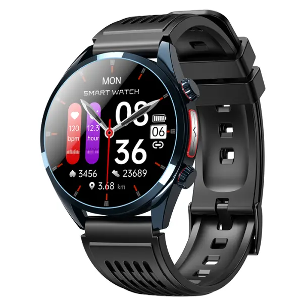 Smartwatch iSEN FE02, Albastru, Curea Silicon Neagra, 1.43 AMOLED, EKG, Ritm Cardiac, SpO2, Glicemie, Tensiune, Moduri Sport, Apelare HD Bluetooth, 350 mAh, Android 5.0 sau iOS 10.0 sau ulterior