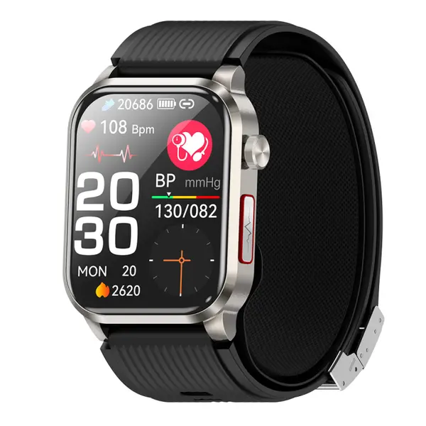 Smartwatch iSEN P300-Pro, Alb, Curea Silicon Neagra, 2.13 AMOLED, Ritm Cardiac, SpO2, Tensiune (Pompa de Aer), ECG, Temperatura, Moduri Sport, Bluetooth, 300 mAh, Android 8.0 iOS 10.0