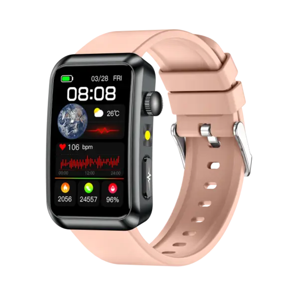 Smartwatch iSEN TK77 Roz, Silicon, 1.57 HD, ECG, Micro-Examinare, Risc Glicemie, Acid Uric Lipide, Apel BT, Asistent Vocal, Lanterna, SOS, 250mAh