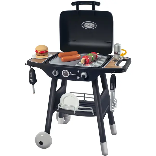 Smoby Gratar de jucarie Smoby Grill, cu 18 accesorii, flacari retractabile, roti transport
