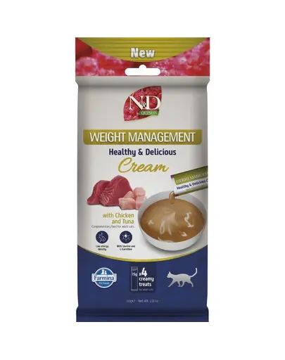 Snack cremos pisici adulte cu tendință de îngrășare FARMINA N&D Quinoa Weight Management 4x15 g cu pui și ton