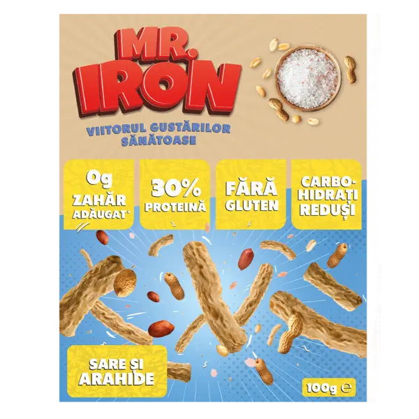 Snack cu 30% proteina fara zahar low-carb gluten free Sare si Arahide Tojos, 100g, Mr. Iron