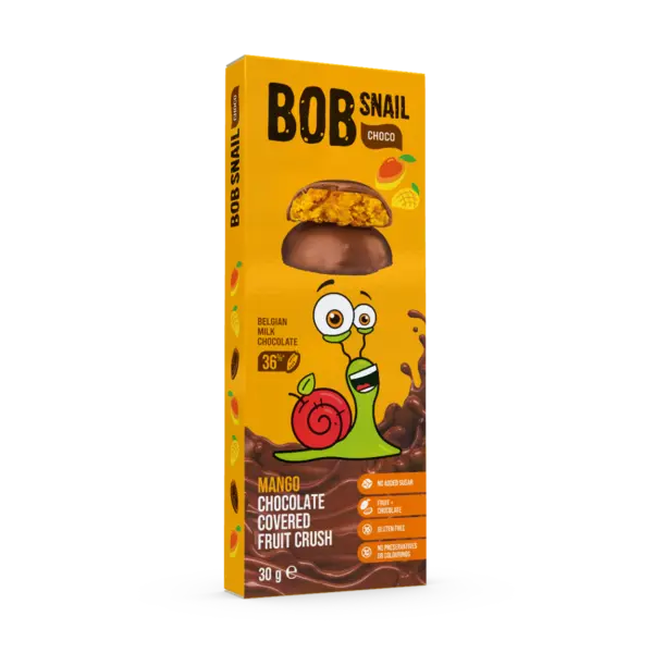 Snack fructat din mango invelit in ciocolata cu lapte, 30g, Bob Snail