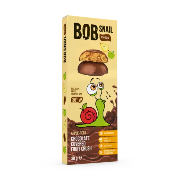 Snack fructat din mere si pere in ciocolata cu lapte, 30g, Bob Snail